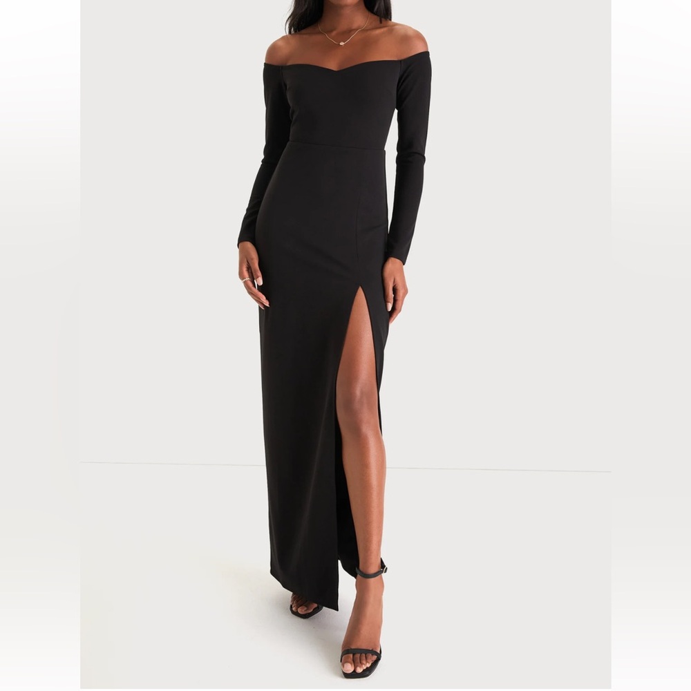 Lulus Black Long Sleeve Off-Shoulder Gown with Slit